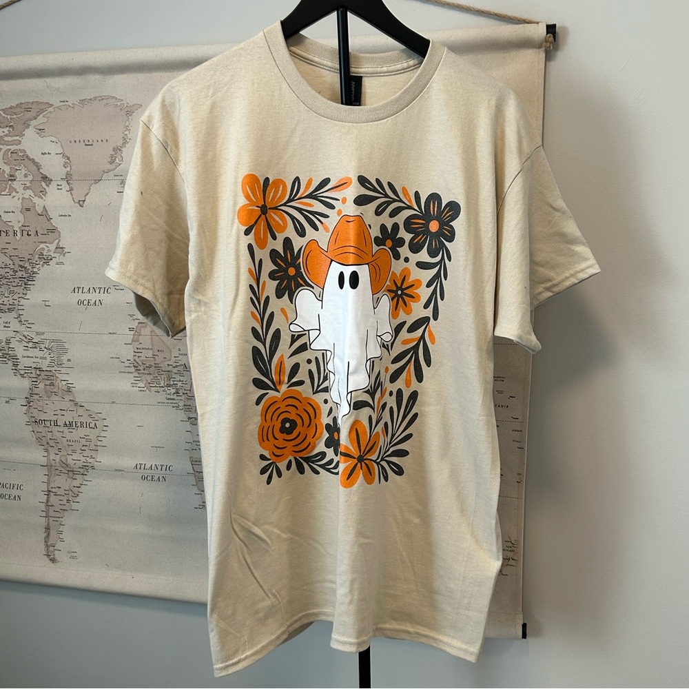 Purrfectly Bewitched Cowboy Ghost Halloween Tee | Large Tan | Fall Spooky